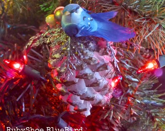 Adorno navideño de pájaro azul, pájaro piña