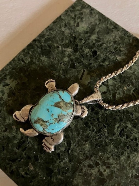 Old Pawn Signed Turquoise Sterling Turtle Pendant 