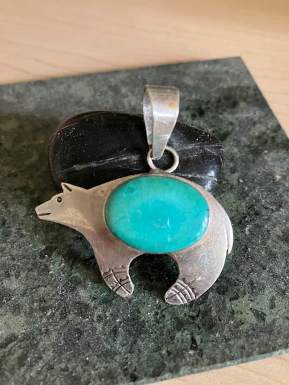 Old Pawn Signed Sterling Turquoise Bear Pendant - image 1