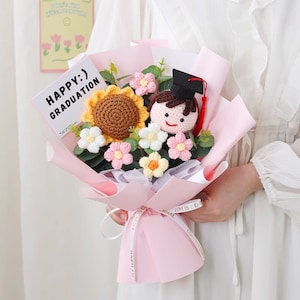 Ramos de ganchillo hechos a mano, exquisito ramo de girasol y muñeca, regalo único para cumpleaños, graduaciones, aniversarios, hermosa decoración del hogar