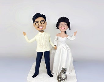 Personalized custom wedding cake topper, Couples and Cats Cake topper, Couples bobblehead, Cats figurines, Wedding cake topper with pet