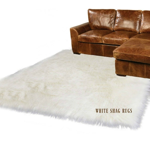 Plush White Shag Area Rug - High Density - Durable - Easy Care - Designer Faux Fur - Small Medium Large and Room Size Carpet - Made in USA