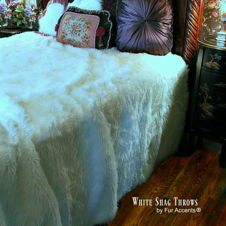 Plush White Shag Faux Fur Bedspread Throw Plush Soft Durable Easy Care