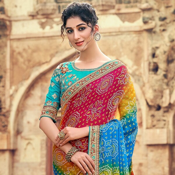 Bandhani Saree, Bandhej Sari Embroidery Blouse, Colorful Women's saree, Diwali Festival Saree, Free Shipping Saree, Indian Gota Patti Saree