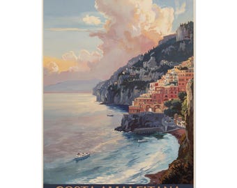 Amalfi Coast Vintage-Style Travel Poster, Positano, Italy