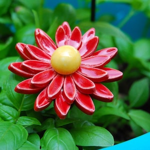 K&ouml;nnte beinhalten: Eine rote Keramikblume mit gelber Mitte, umgeben von gr&uuml;nen Bl&auml;ttern.