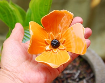 California poppy, (1 pc), Orange poppy, poppy, Garden sculpture, Ceramic poppy, Garden art, Ceramic flowers, Garden Stake