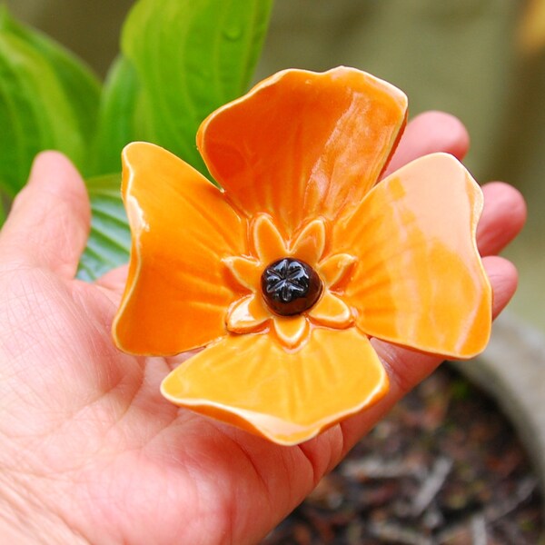 California poppy, (1 pc), Orange poppy, poppy, Garden sculpture, Ceramic poppy, Garden art, Ceramic flowers, Garden Stake