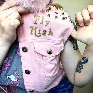 Hand Painted &quot;Fly High&quot; Pastel Goth Pink Studded Denim Vest with Holographic Wings and Fluffy Collar