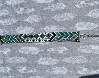 Handmade Seed Bead Bracelet: Blue, Black & White