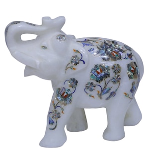 Marble Inlay Elephant With Real Semi Precious Stones for Living Room, Modern Home Decor, Classical Design White Marble Elephant