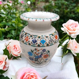 Handcrafted White Marble Floral design Inlay Flower pot for Home Decor, Office Decor | Fashionable and Modern Flower Pot | Christmas Gift .