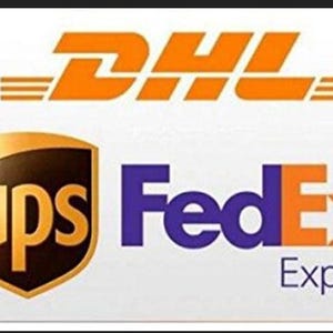 May include: Logos for DHL, UPS, and FedEx Express. The DHL logo is orange and white. The UPS logo is brown and gold. The FedEx Express logo is purple and orange.