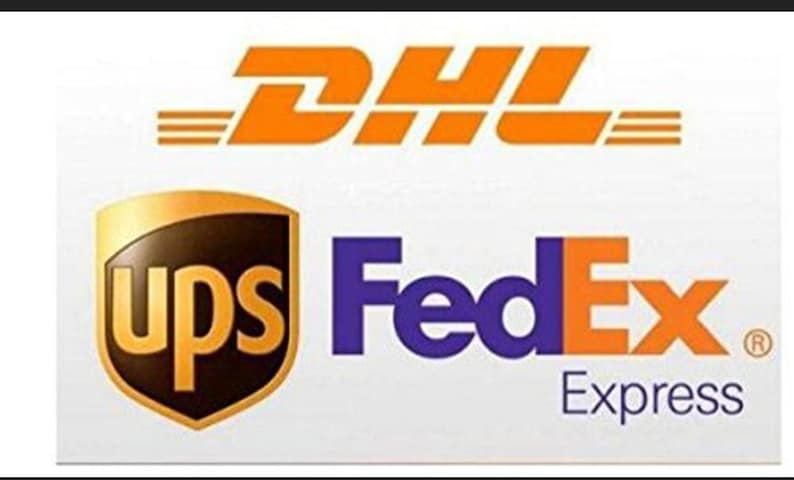 May include: Logos for DHL, UPS, and FedEx Express. The DHL logo is orange and white. The UPS logo is brown and gold. The FedEx Express logo is purple and orange.