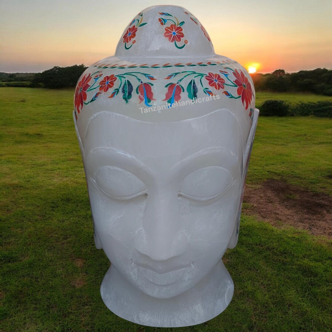 Handmade White Alabaster Marble Inlay Buddha Head With Semi Precious ...