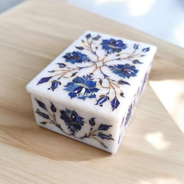 Joyero con incrustaciones de mármol y piedra lapislázuli azul, joyero artesanal con incrustaciones de mopa, regalos únicos para ella.