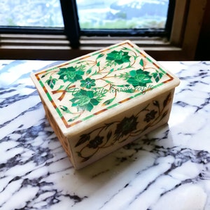 Decorative white marble box inlaid with flowers, jewelry box with lattice work, stone storage box, floral trinket box, pietra dura box