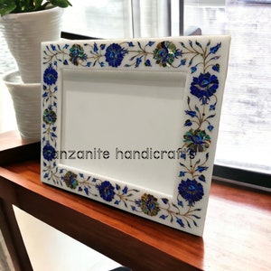 Cornice portafoto con intarsi in marmo bianco e motivo floreale fatto a mano, ideale per arredare casa e ufficio in stile moderno, soggiorno, parete, cornice portafoto, regalo ideale.