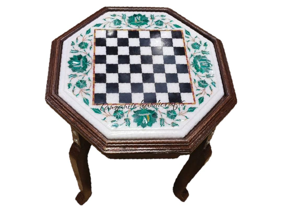 White Marble Inlay Chess Board, Marble Chess Set, Marble Inlay Table ...