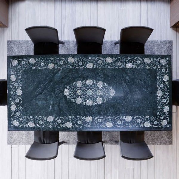 Tavolo da pranzo rettangolare da 48"x24" in marmo verde con design floreale intarsiato per la decorazione della sala da pranzo, mobili del soggiorno, decorazioni per la casa