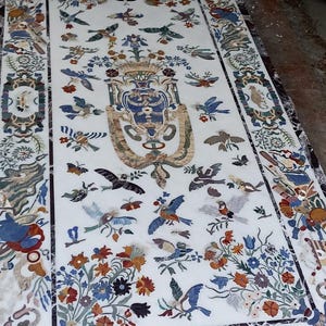 Rectangular Dining Table in White Marble With Flower Bird Inlaid Design for Dining Room Decor , Living Room Furniture, Marble Dining Table