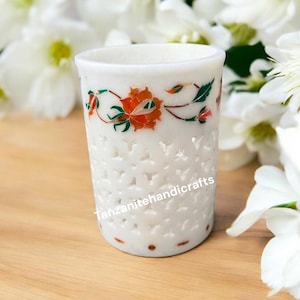 Portapenne intarsiato in marmo Portacandele Portacandele piccolo vaso per fiori Fatto a mano