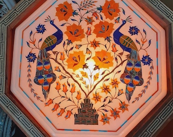 Mesita auxiliar de mármol blanco con incrustaciones de pavo real para decoración del hogar, regalo para ella, artesanía en marquetería.