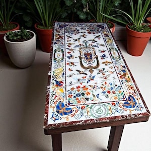 Rectangular Dining Table in White Marble With Flower Bird Inlaid Design for Dining Room Decor , Living Room Furniture, Marble Dining Table
