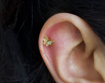 Butterfly cartilage earring / Gold pavé butterfly cartilage earring / Butterfly ball back earring