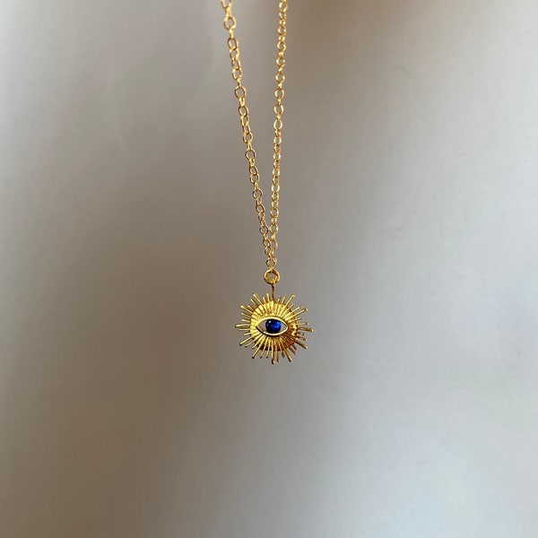 Gold sun necklace / Gold filled evil eye necklace / Gold filled sun and evil eye pendant
