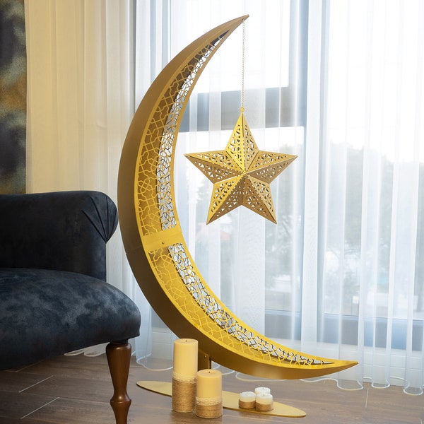 Decoración de la luna de Ramadán independiente de metal 3D, decoración de Ramadán para el hogar, árbol Eid, decoración islámica del hogar, luna creciente, regalos musulmanes