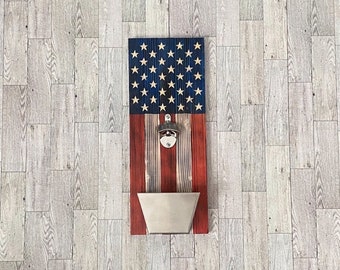 Wood American Flag Wall Mounted Bottle Opener, Beer bottle opener, Handcrafted Patriotic Gift