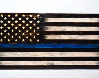 Thin Blue Line Flag, Law Enforcement, Wood American Flag, Patriotic Decor, Wall Art, Police Officer, Gift, Handmade, Hand carved