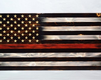 Thin Red Line Flag, Fireman, Firefighter, Wood American Flag, Patriotic Decor, Wall Art, Gift, Handmade, Hand carved