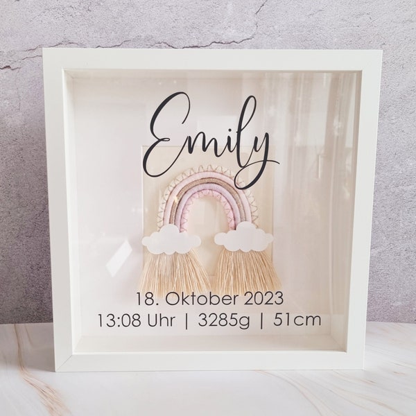 personalisierter 3D Bilderrahmen mit Geburtsdaten | mit/ohne Boho Regenbogen | Babygeschenk | Geburtsgeschenk | Taufgeschenk