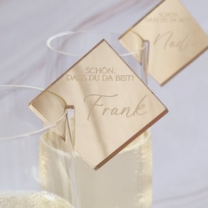 Personalisierte Glasmarkierer aus Spiegelacryl für Hochzeiten, Geburtstage und Feierlichkeiten | Acrylglas Silber Gold Rosé Bronze