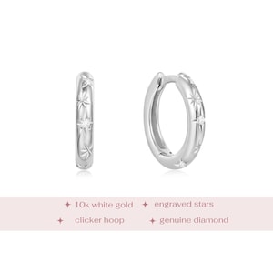 10k White Gold Hoop Earrings, Solid Gold Huggie Hoops, White Gold Huggies, Diamond Hoop Earrings, Star Huggies, Solid Gold Celestial Hoops