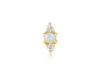 14k Solid Gold Labret Piercing, Opal Helix Piercing, Dainty Tragus Piercing, Flat Back Stud, Gold Helix Earring, Diamond & Opal Earring Stud