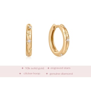10k Solid Gold Hoop Earrings, Diamond Hoop Earrings, Solid Gold Hoops, Celestial Earrings, Star Hoop Huggies, Real Diamond Hoops, Starry