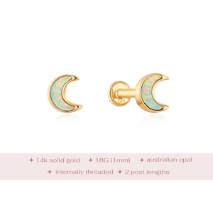 Piercing labret lune en or massif 14 carats, clou labret céleste, clou d'oreille lune à dos plat, piercing céleste, clou hélix lune délicat