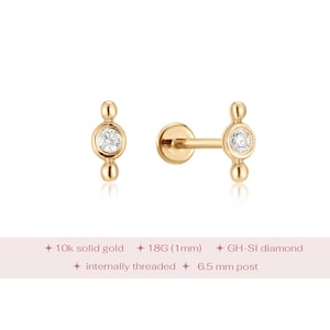 10k Solid Gold Tiny Diamond Labret Stud, Solid Gold Stud Earring, Flat Back Gold Stud, Genuine Diamond Helix Stud, Gold Tragus Piercing