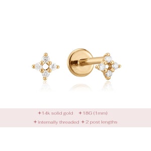 14k Solid Gold Labret Piercing, Diamond Flatback Earring, Tiny Star Earring, Solid Gold Cartilage Stud, Tragus Labret, Diamond Star Piercing