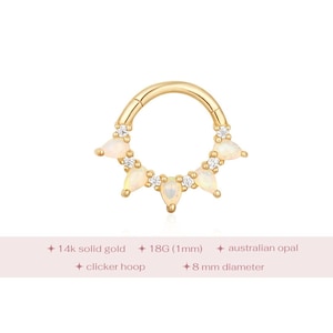 14k Solid Gold Opal Daith Hoop, Gold Daith Piercing, Gold Septum Ring, Solid Gold Daith Ring, Diamond & Opal Earring, Daith Clicker Hoop