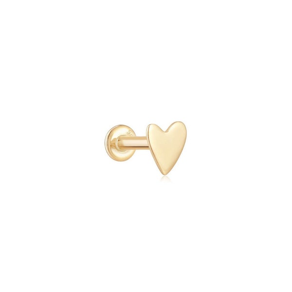 10k Solid Gold Labret Stud, Gold Heart Stud, Dainty Flat Back Earring, Gold Labret Earring, Helix Stud Earring, Cartilage Earring