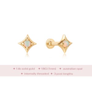14k Solid Gold Opal Star Labret Gestüt, Opal Stern Flatback, Echter Opal Piercing Stud, Solid Gold Star Labret, Solid Gold Knorpel Gestüt