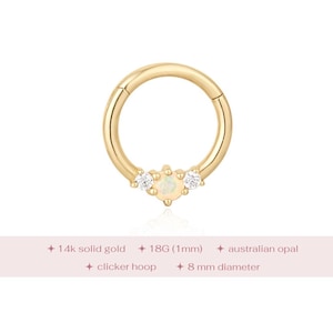 14k Solid Gold Opal Daith Hoop, Septum Clicker Hoop, Solid Gold Round Opal Hoop, Opal Diamond Daith Clicker, Australian Opal Daith Segment
