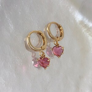 Gold Pink Heart Huggies, Heart Earrings, Dangly Heart Earrings, Pink Earrings