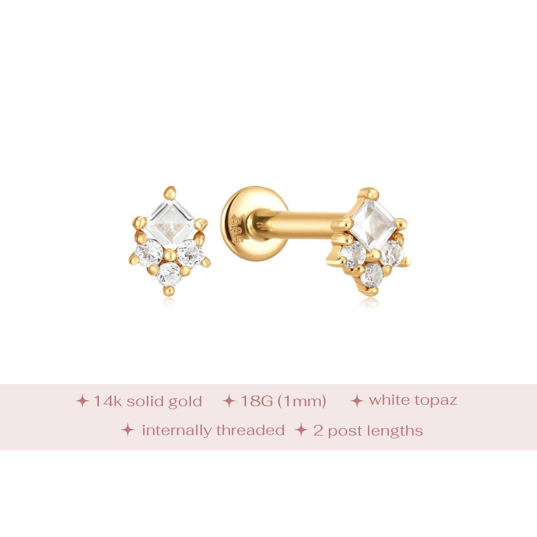 14k Solid Gold Labret Piercing, Diamond Flatback Earring, Internally