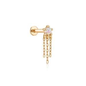 May include: A gold-colored earring with a small, iridescent gemstone at the top. Three delicate gold chains dangle from the gemstone, adding movement and detail. The earring has a flat back for secure wear.