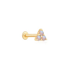 14k Solid Gold Opal Trio Labret Stud, Gold Flatback Stud, Opal Labret, Dainty Opal Earring, Tragus Piercing, Screw Back Opal Earring